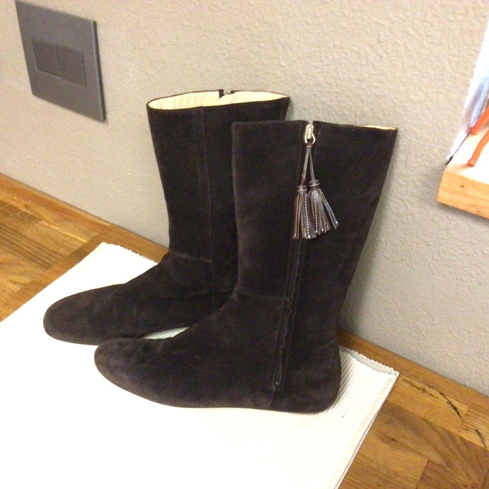 Kate Spade mid-calf high Suede Flat boots with tassel Dark Brown Women Sz 8.5